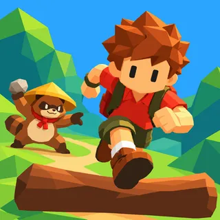 Key art: Spiky leaps a log, the tanuki gatekeeper behind with a rock.
